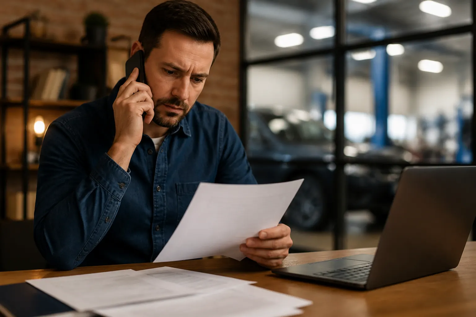 Person on the phone reviewing paperwork at a desk