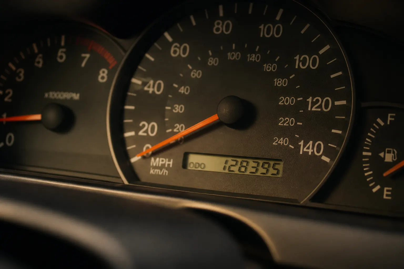Older car odometer showing high mileage