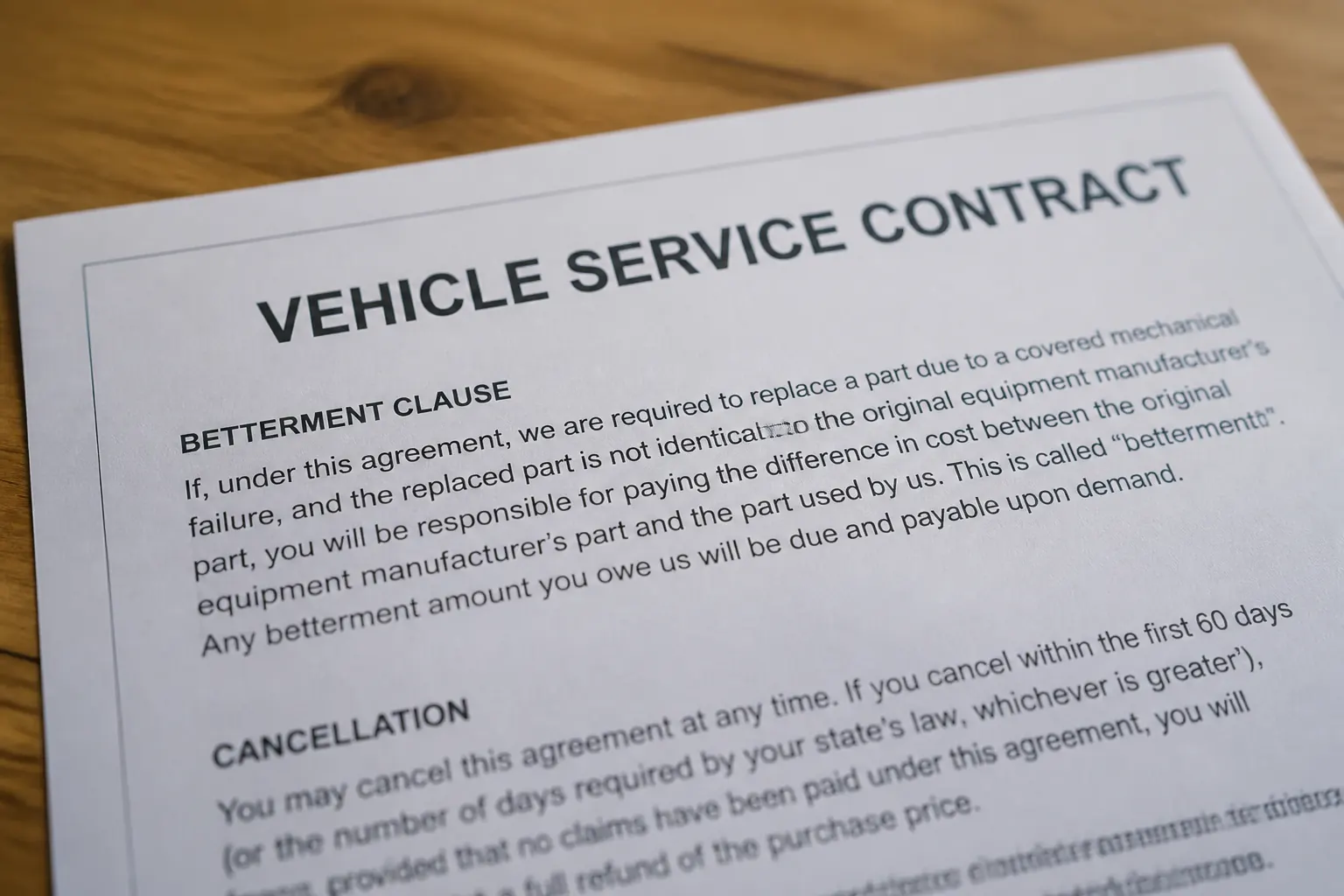 Close-up of a vehicle service contract document