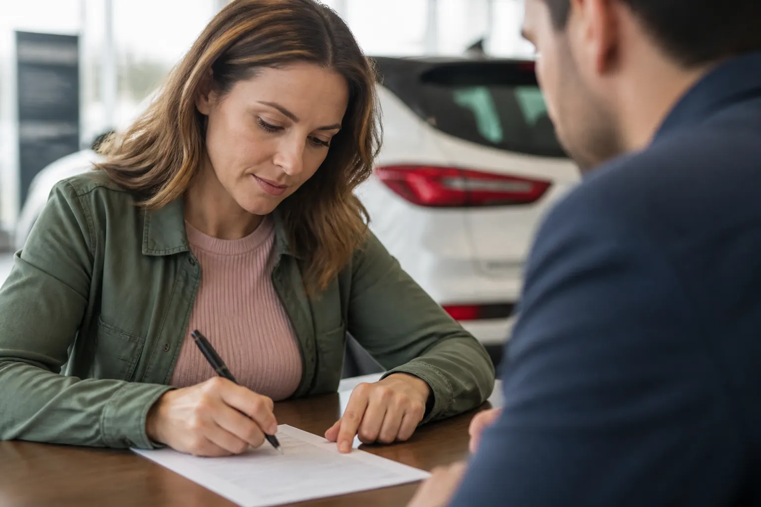 Person signing cancellation paperwork at a desk