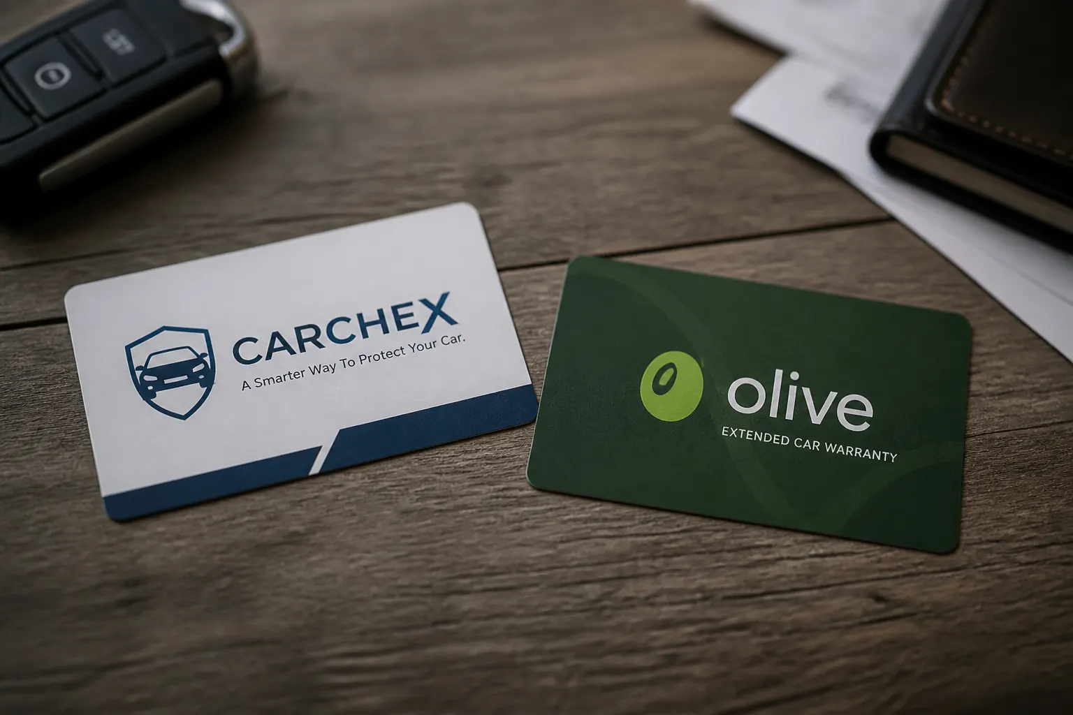 Two business cards on a wooden table