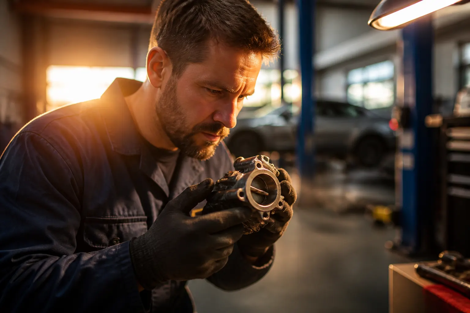 Mechanic examining a car part under a shop light