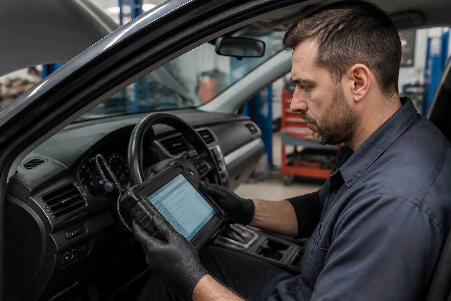 Mechanic using diagnostic scanner on a car