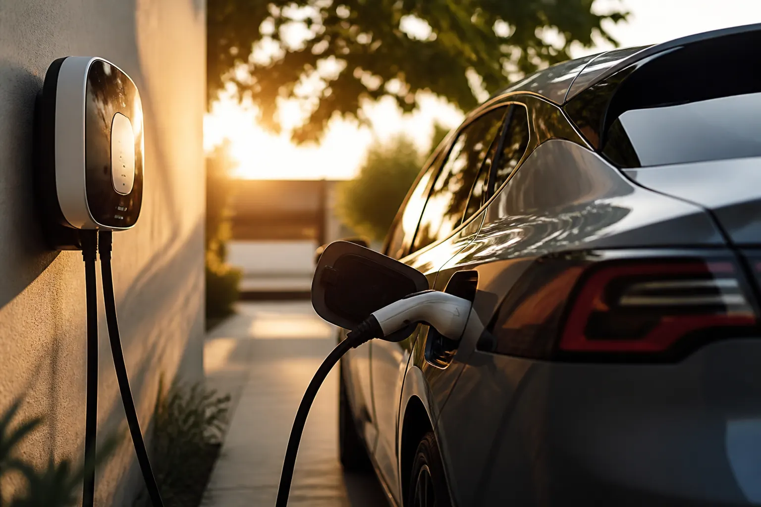 Electric vehicle plugged into a home charger