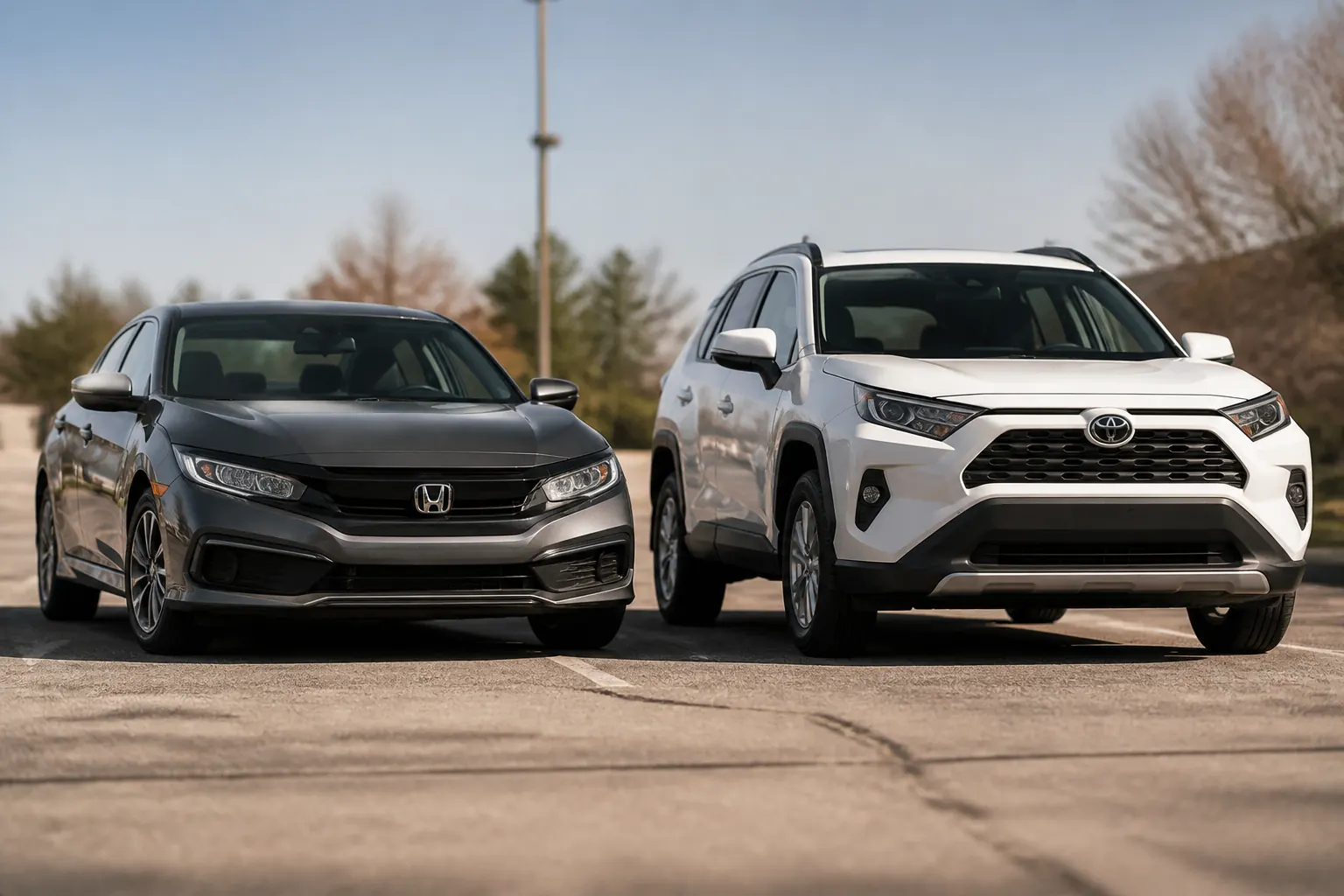 Two cars parked side by side in a lot