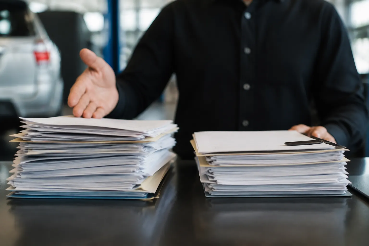 Two stacks of paperwork being compared on a desk