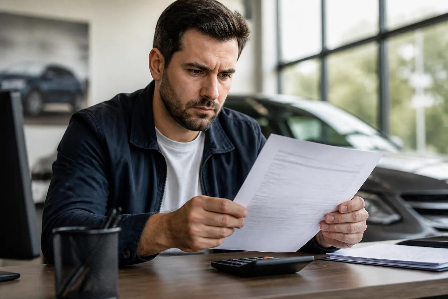 Person reading paperwork at a desk with a calculator