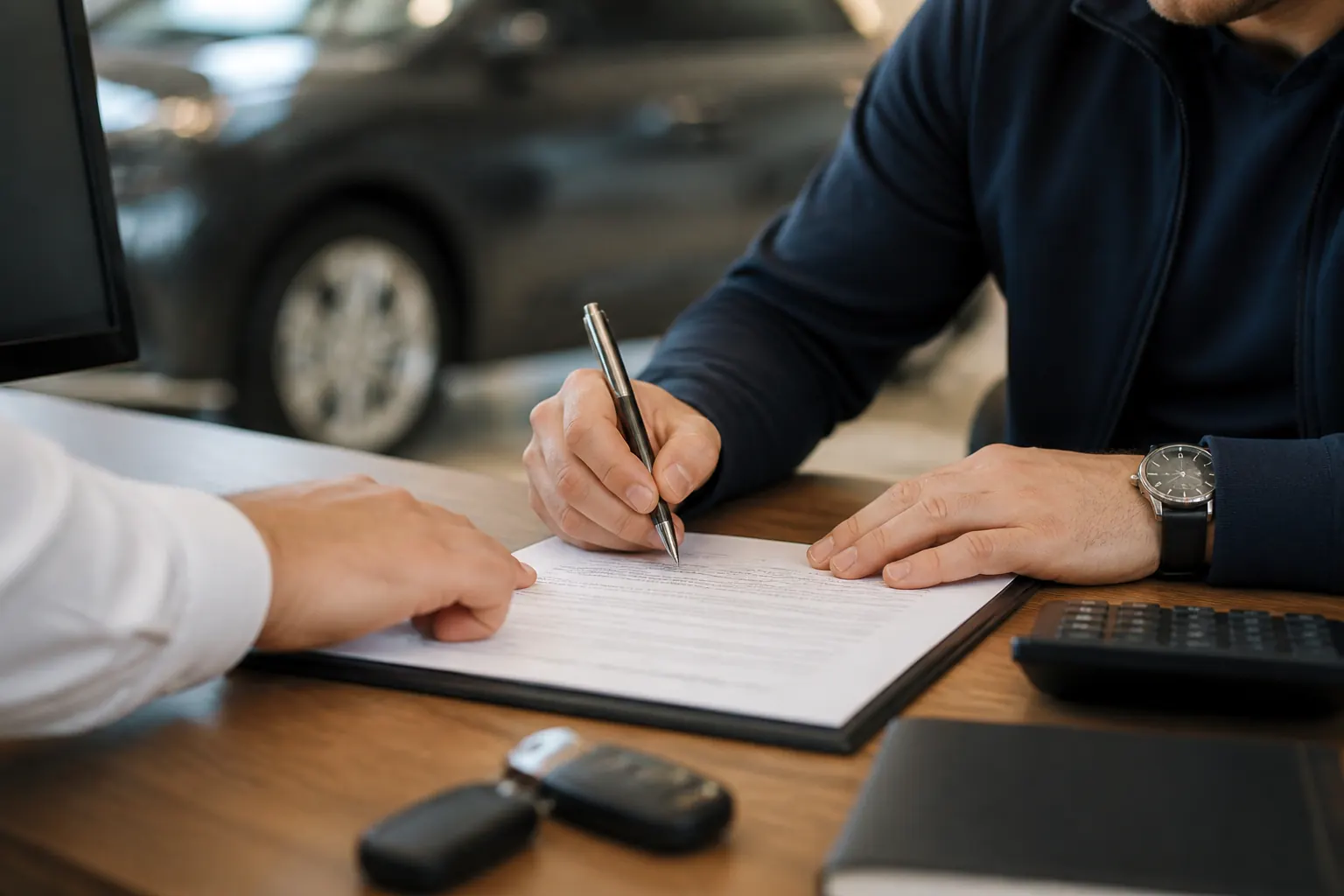 Hands signing a vehicle service contract at a desk