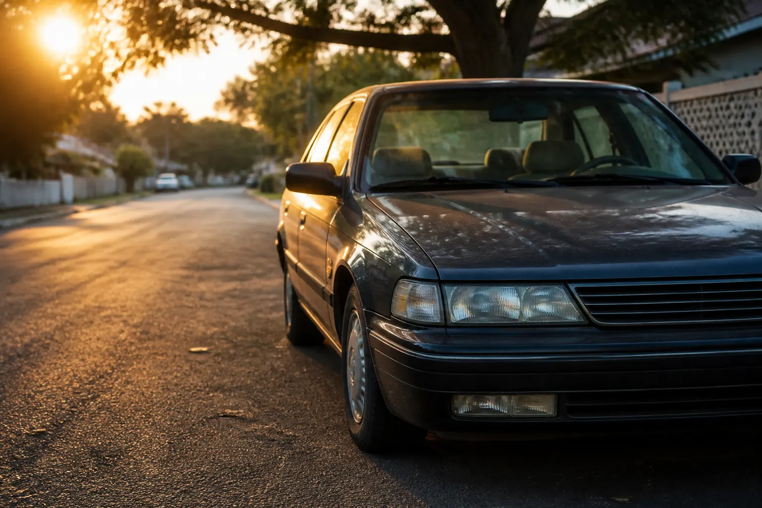 Older sedan parked on a quiet street with high mileage on the odometer