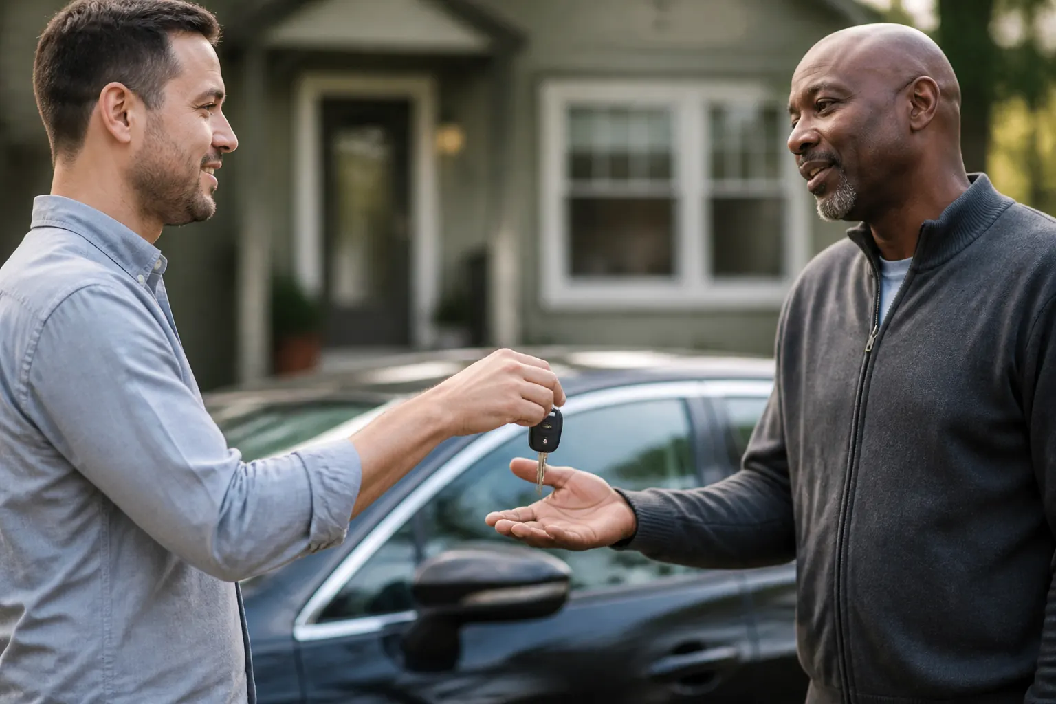 Person handing over car keys outside a house