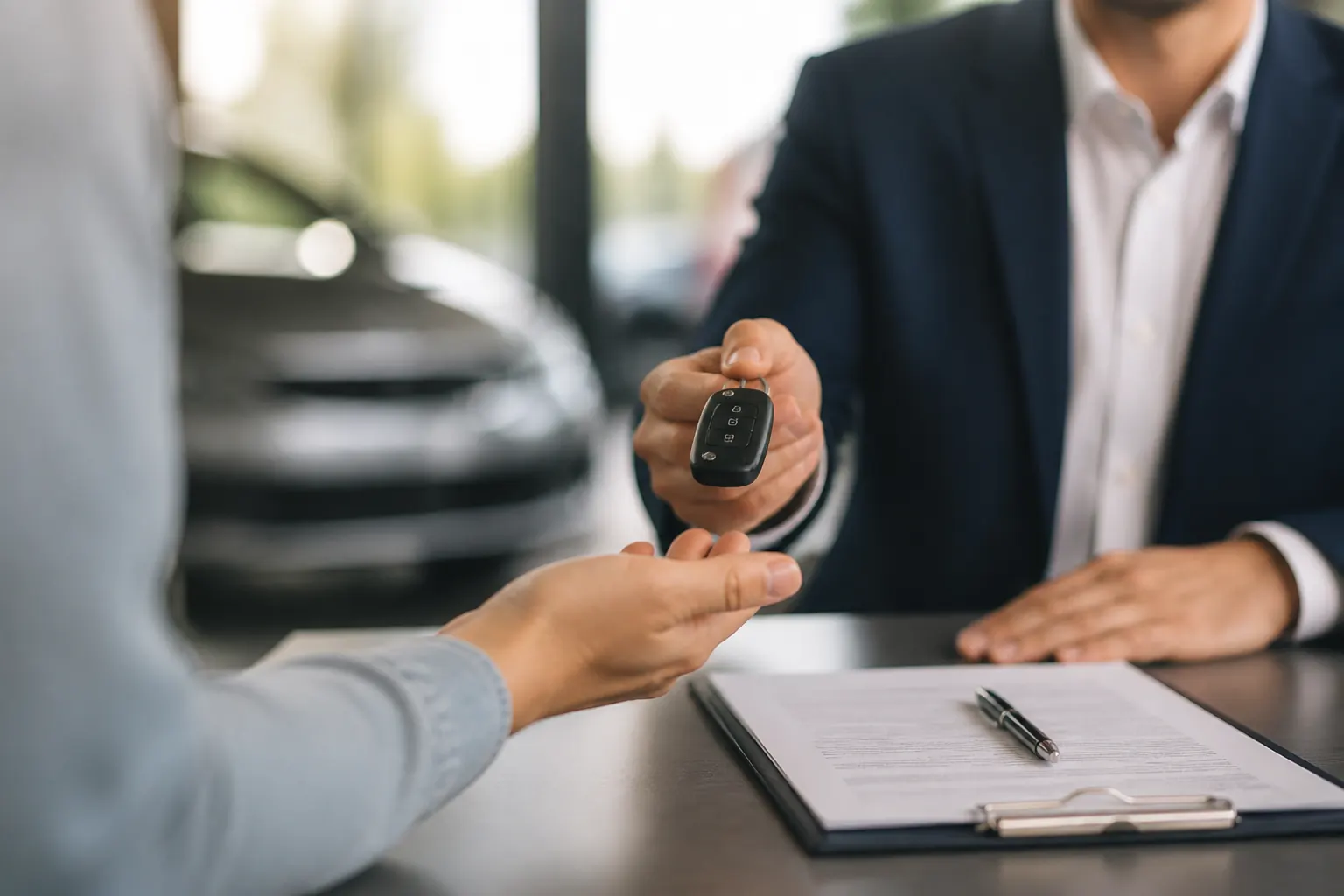 New car keys handed across a desk at a dealership