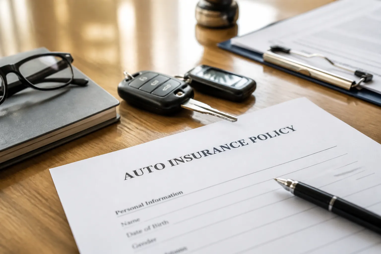 Auto insurance policy document on a desk next to car keys