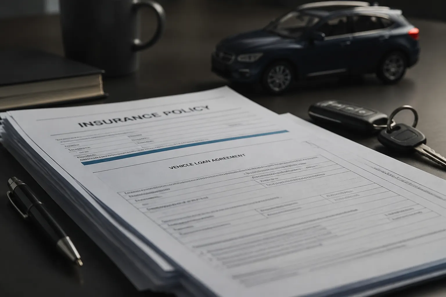 Stack of insurance and loan paperwork on a desk
