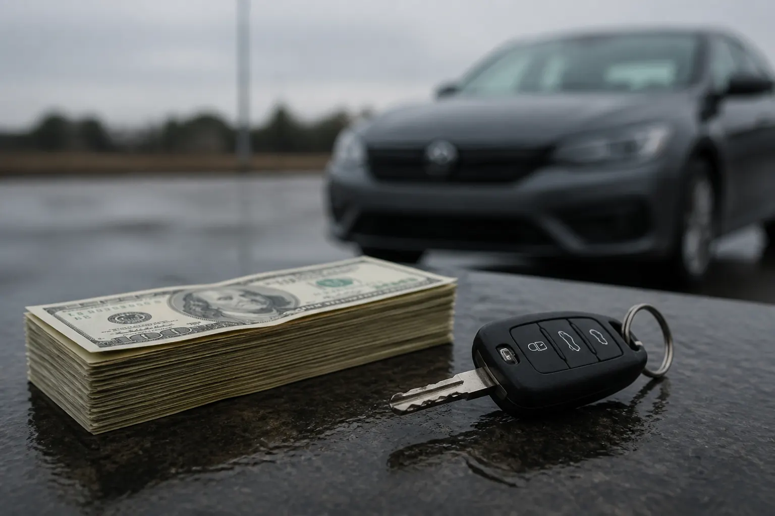 Stack of dollar bills next to a car key