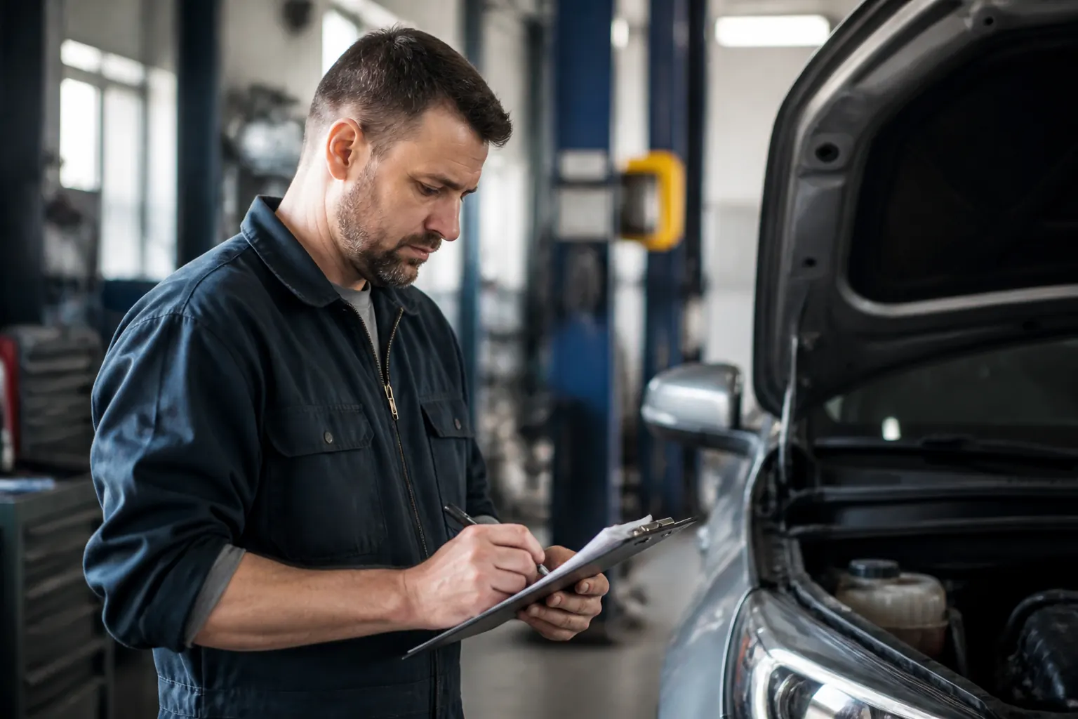 Mechanic writing on a clipboard next to a vehicle