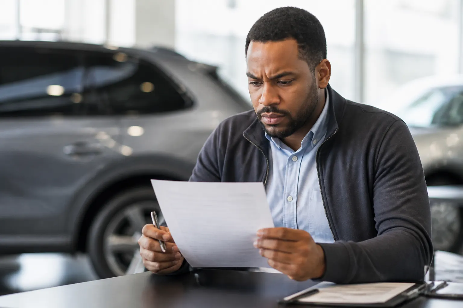 Person reading a paper contract with a pen in hand