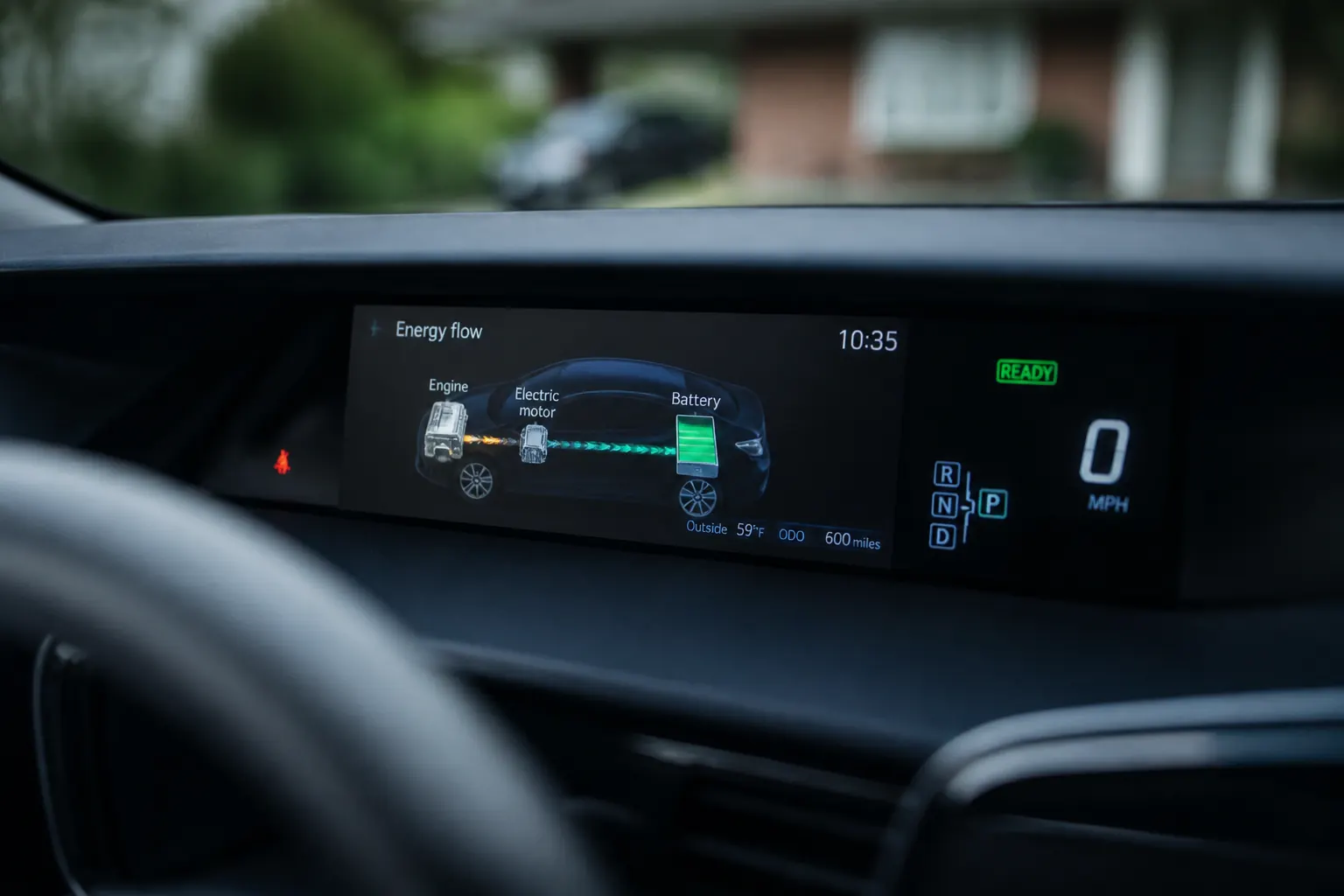 Hybrid vehicle dashboard showing energy flow display