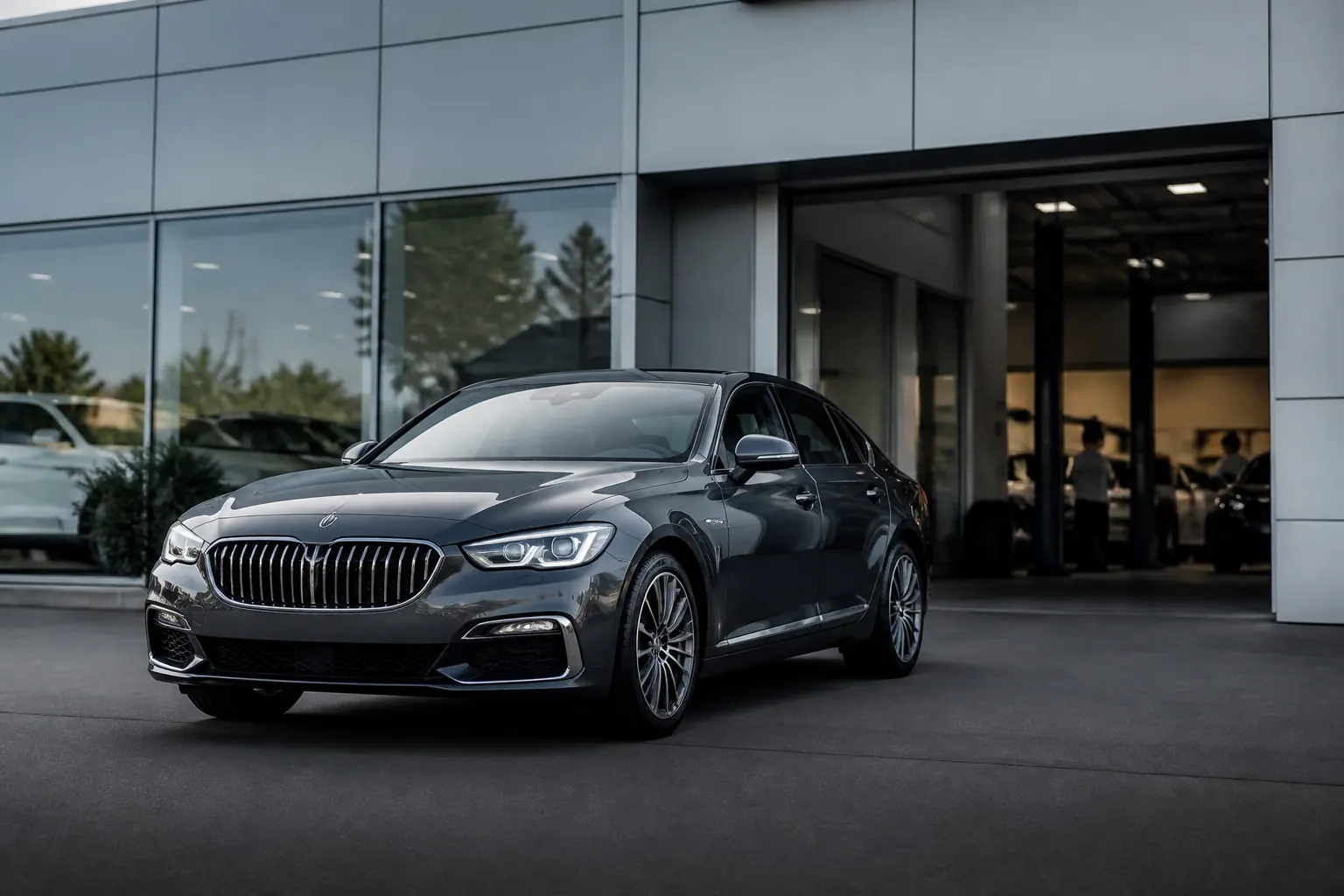 Luxury sedan parked at a dealership service entrance