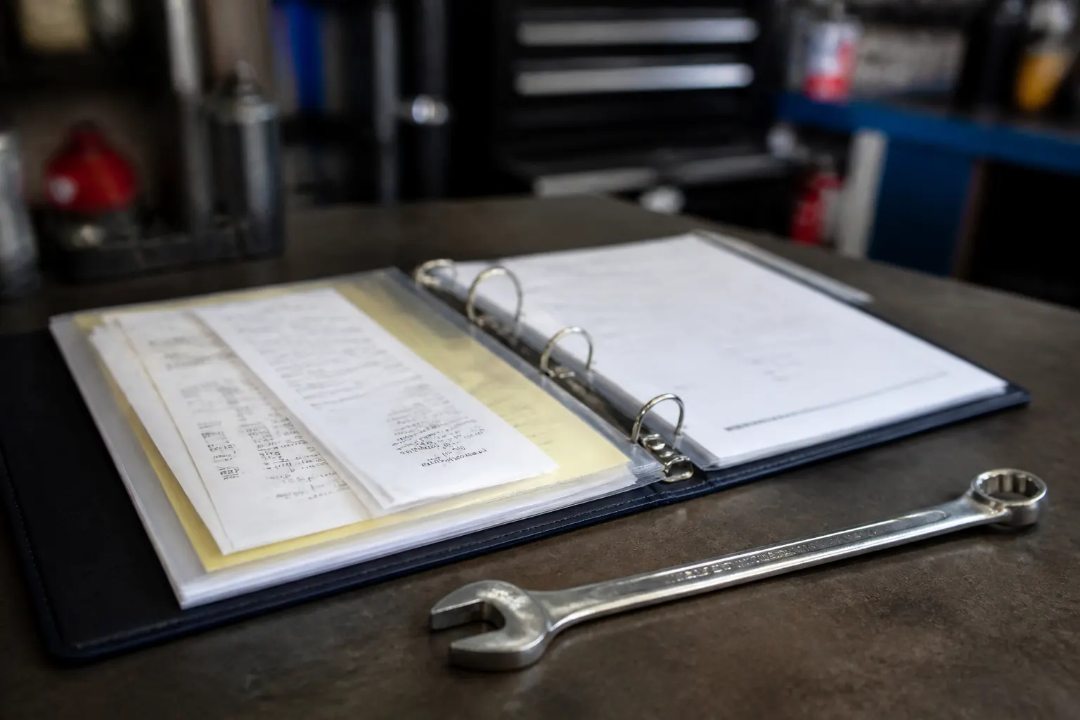Service binder with receipts and a wrench on a workshop bench