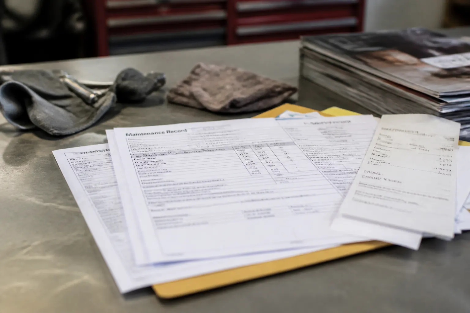 Service records and receipts spread on a workbench