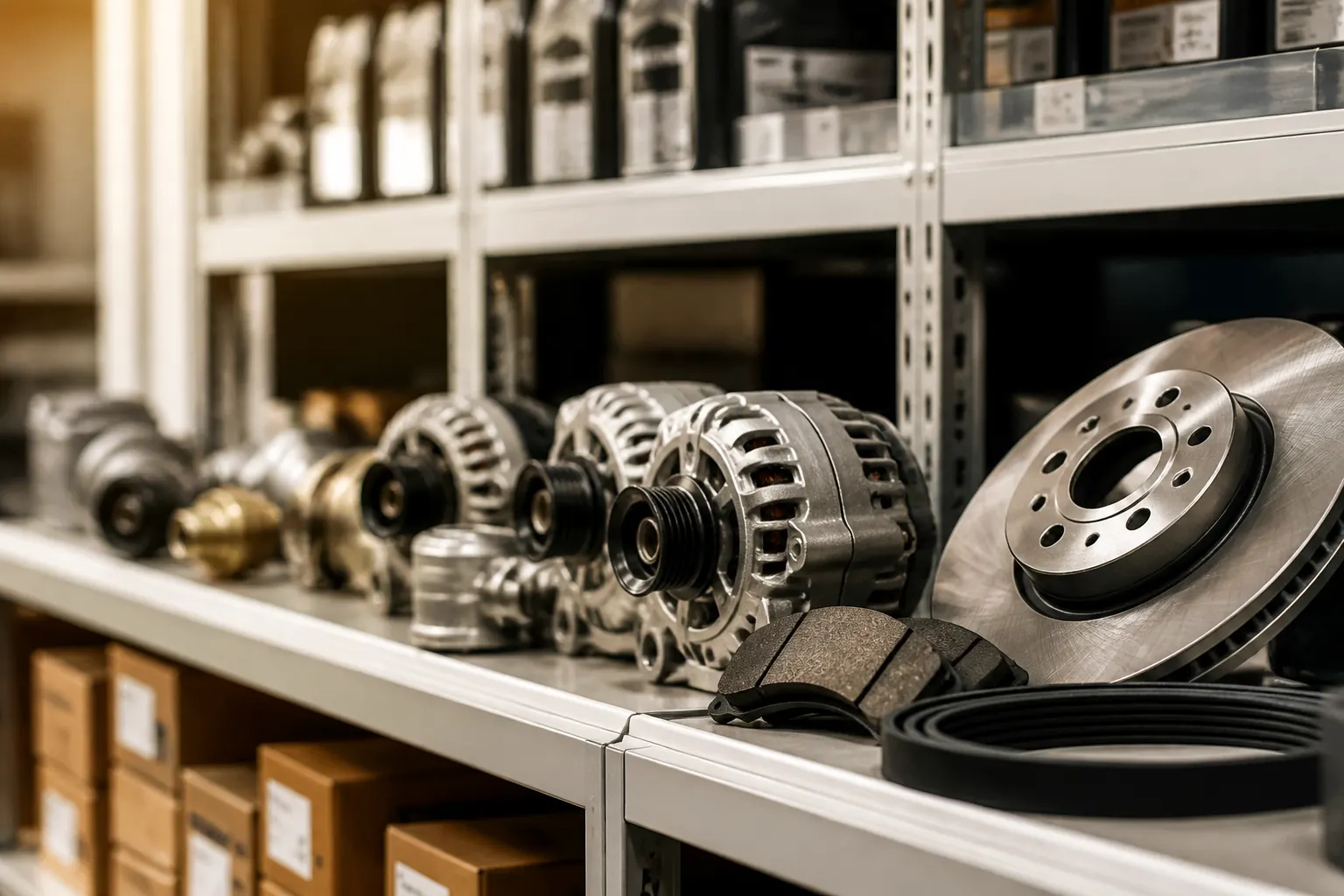 New car parts arranged on a shelf