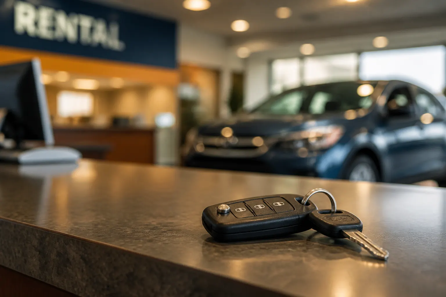 Rental car keys on a counter