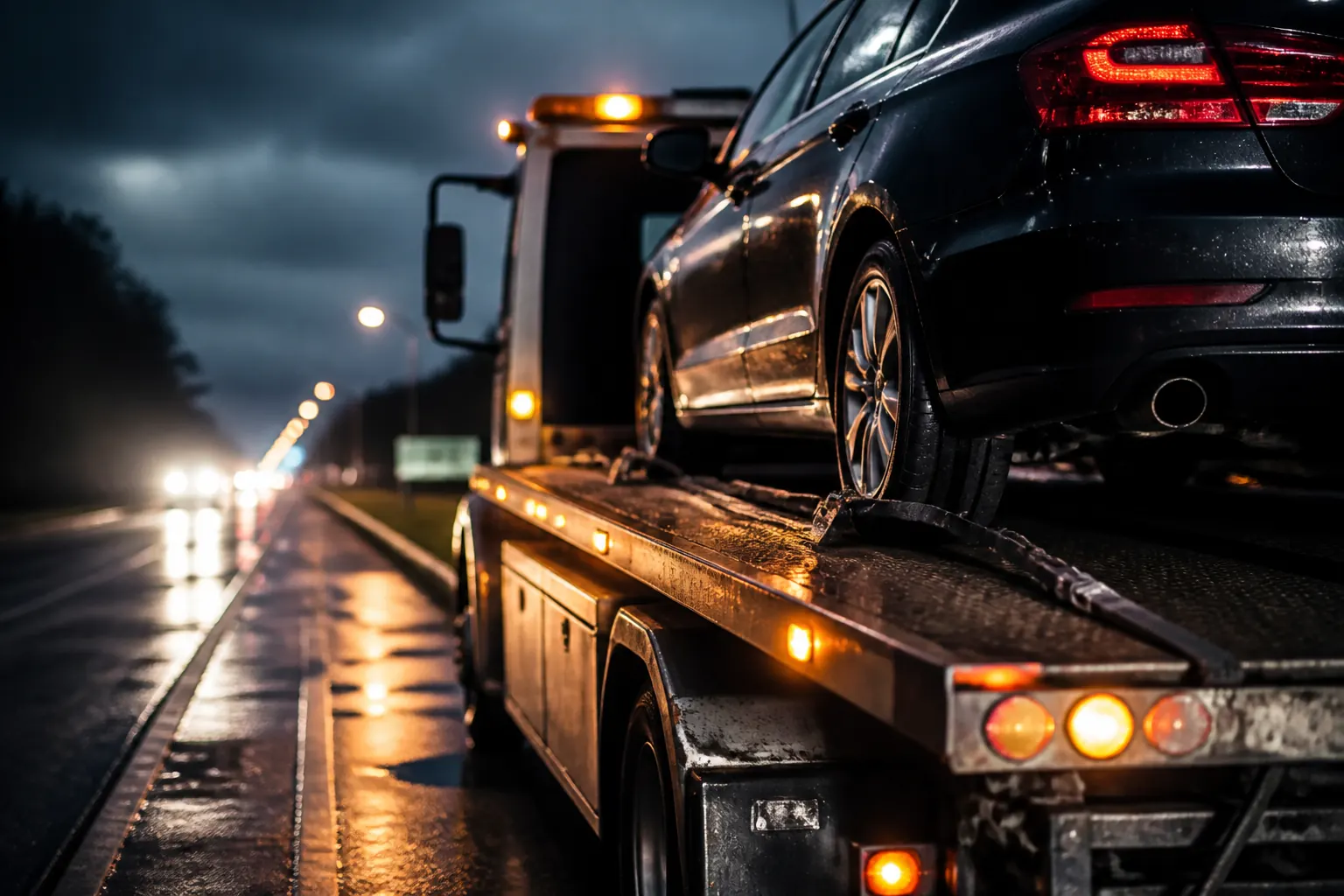 Tow truck loading a car at night