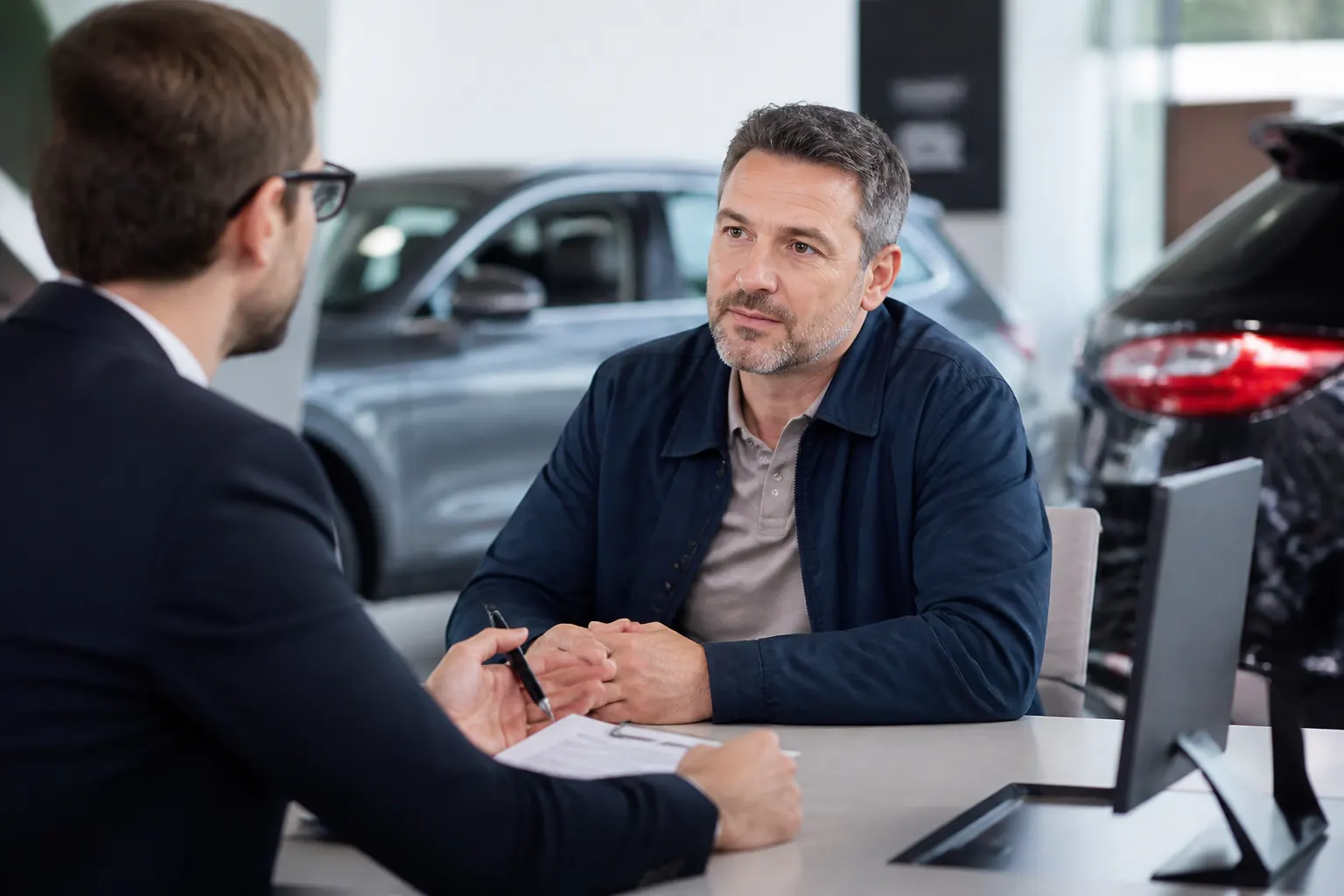 Customer talking with a salesperson at a car dealership