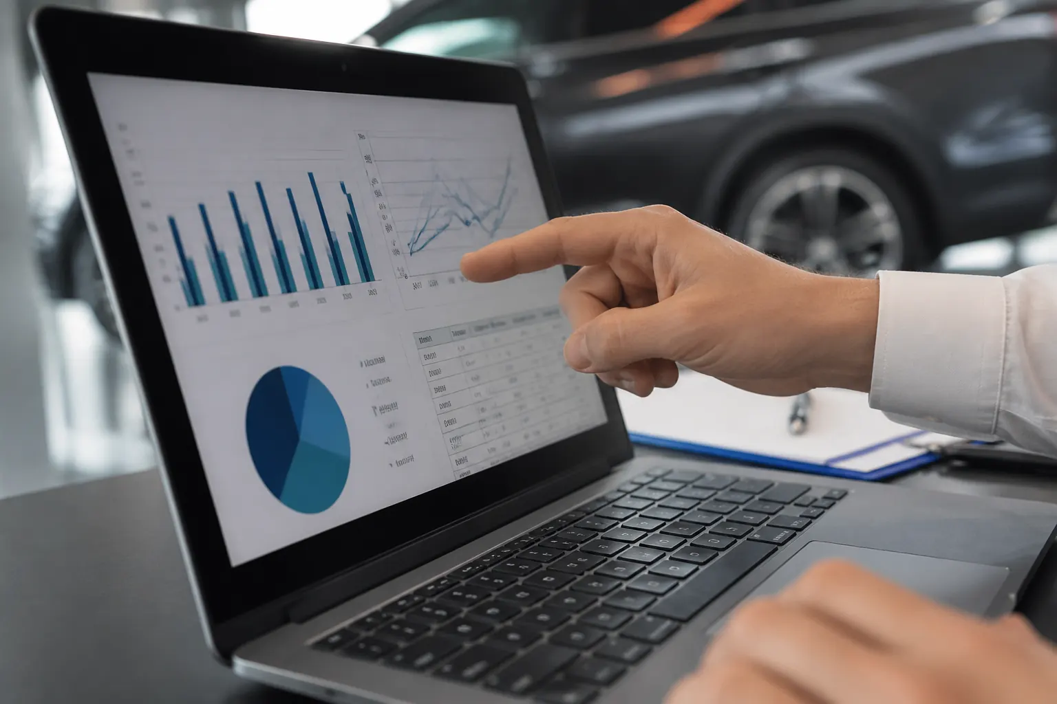 Hand pointing at financial charts on a laptop screen