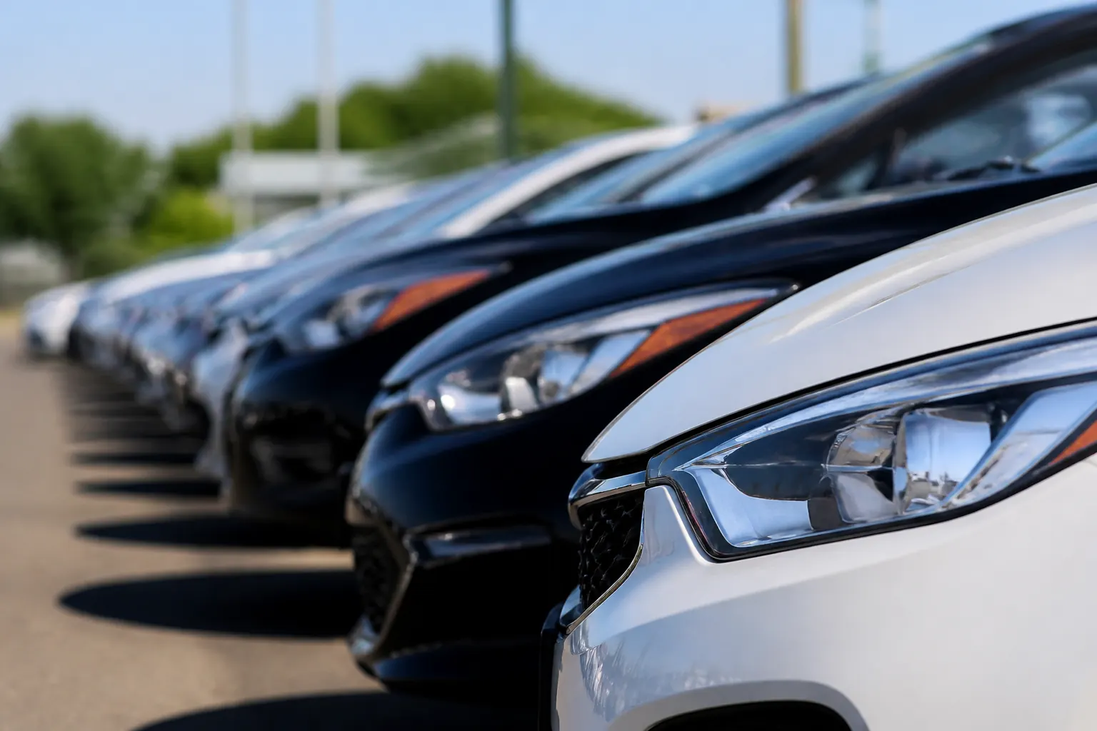 Row of new cars at a dealership lot
