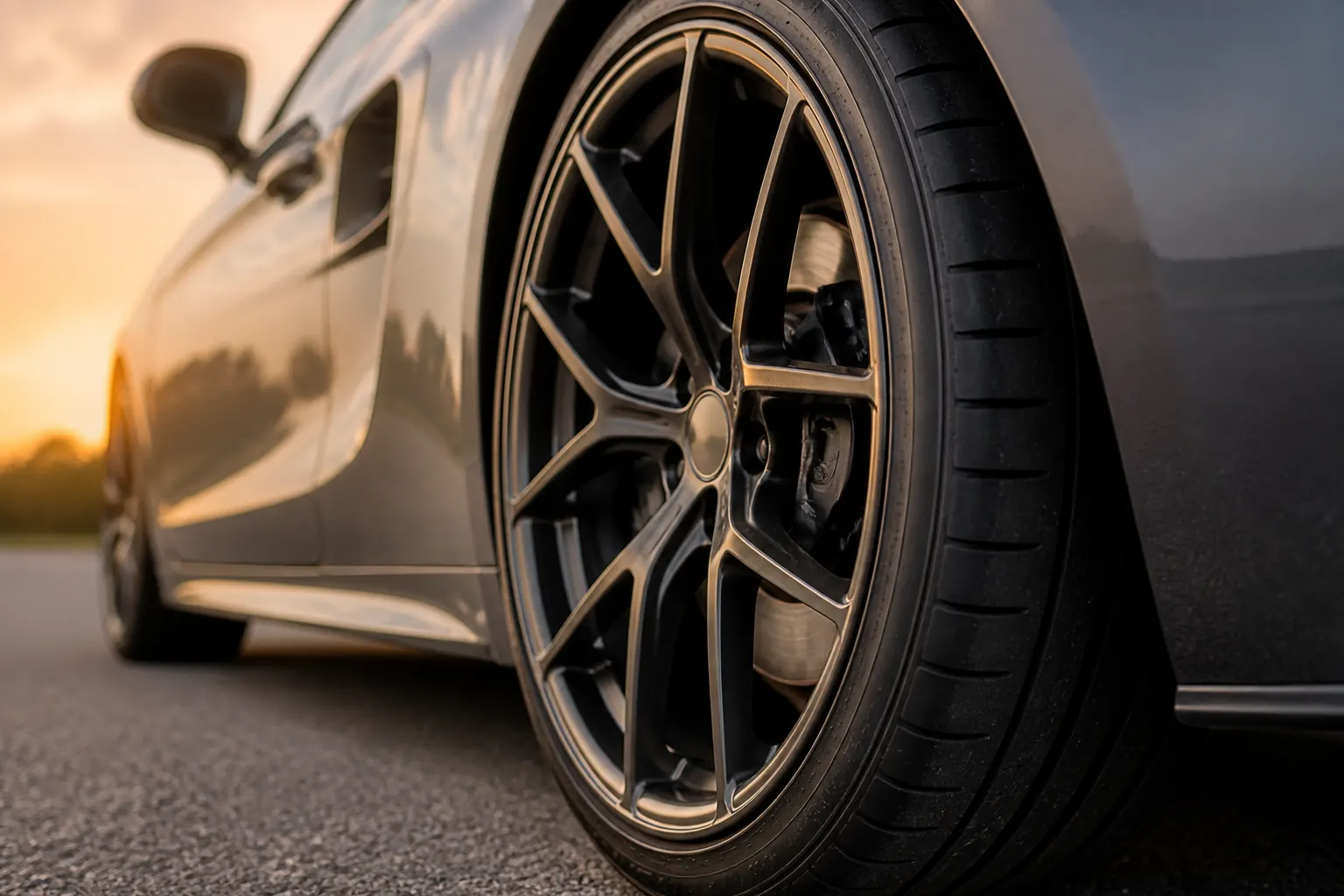 Close-up of a low-profile alloy wheel and tire on a sports car