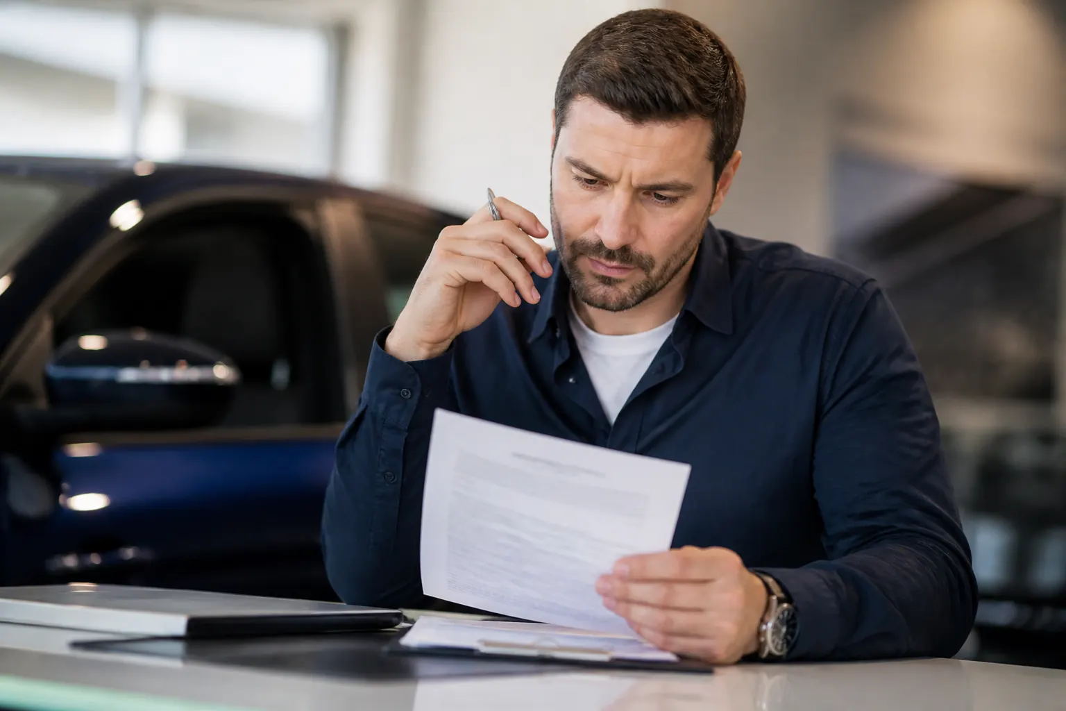 Person reading a printed contract with a pen in hand
