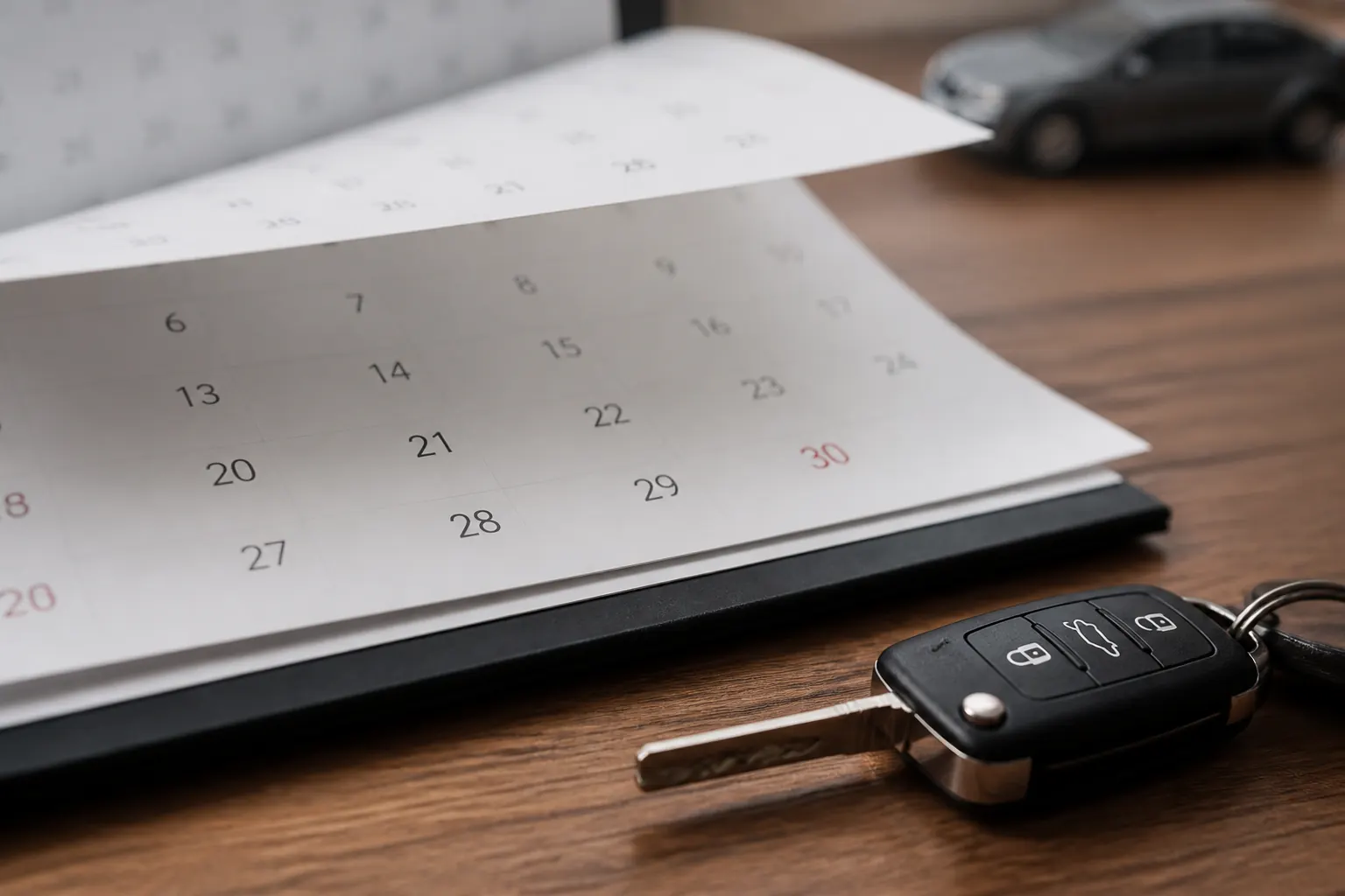 Calendar pages on a desk next to a car key