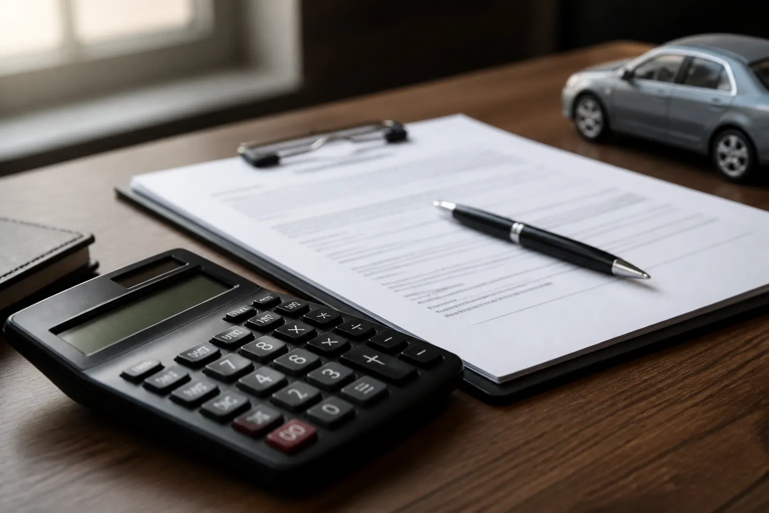 Calculator and contract on a wooden desk