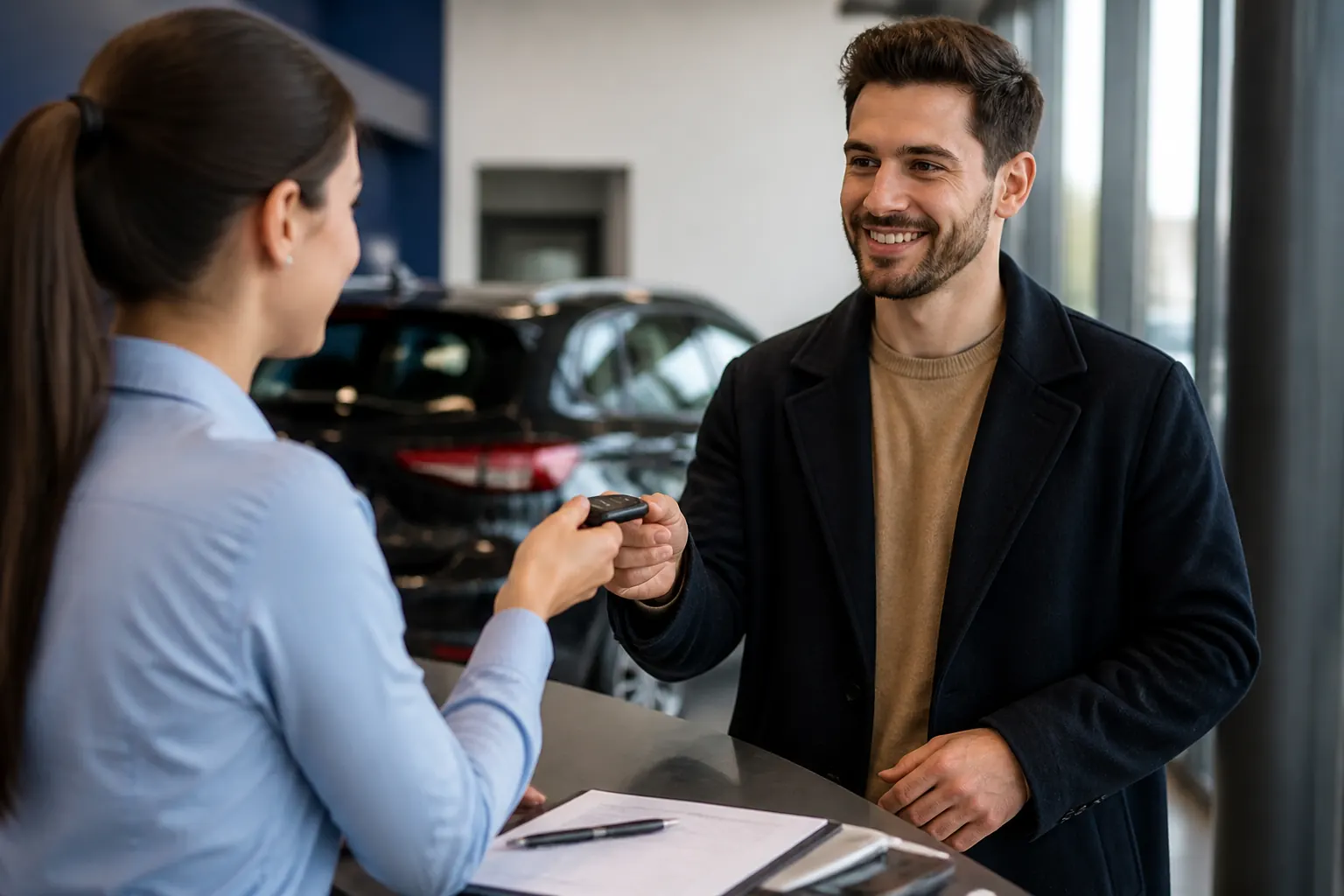 Person picking up a rental car at a counter